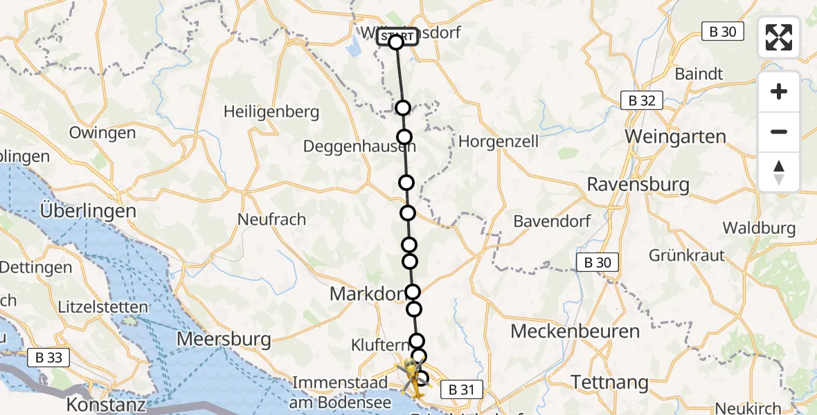 Flugroute Rettungshubschrauber Niederweiler - Friedrichshafen Hospital Heliport, 09 Februar 2026, 14:08