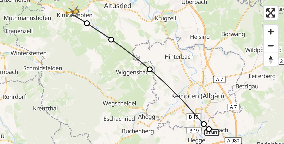 Flugroute Rettungshubschrauber Kempten-Durach Airfield - Kimratshofen, 09 Februar 2026, 14:15