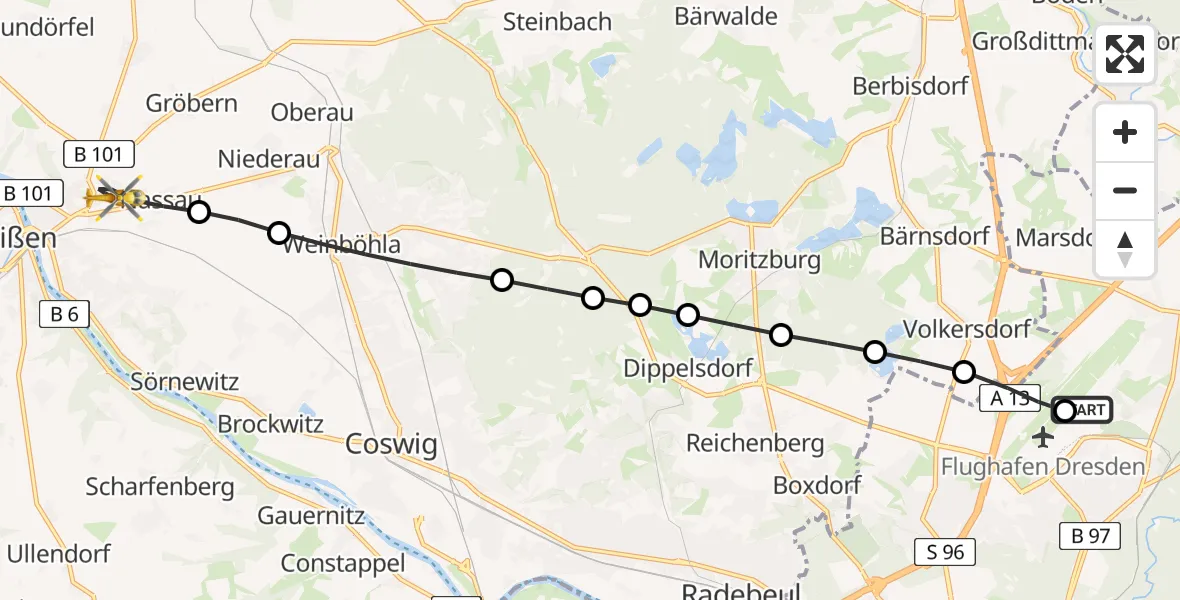 Flugroute Rettungshubschrauber Dresden Federal Police Heliport - Nassau, 09 Februar 2026, 14:15