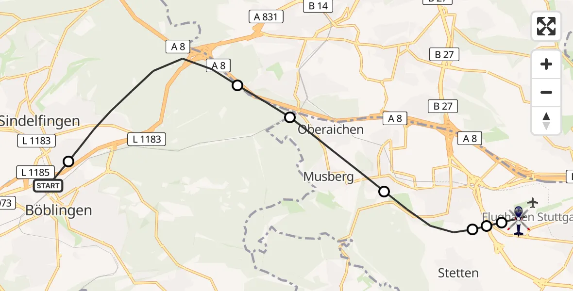 Flugroute Polizeihubschrauber Böblingen - Stuttgart Airport, 09 Februar 2026, 14:15