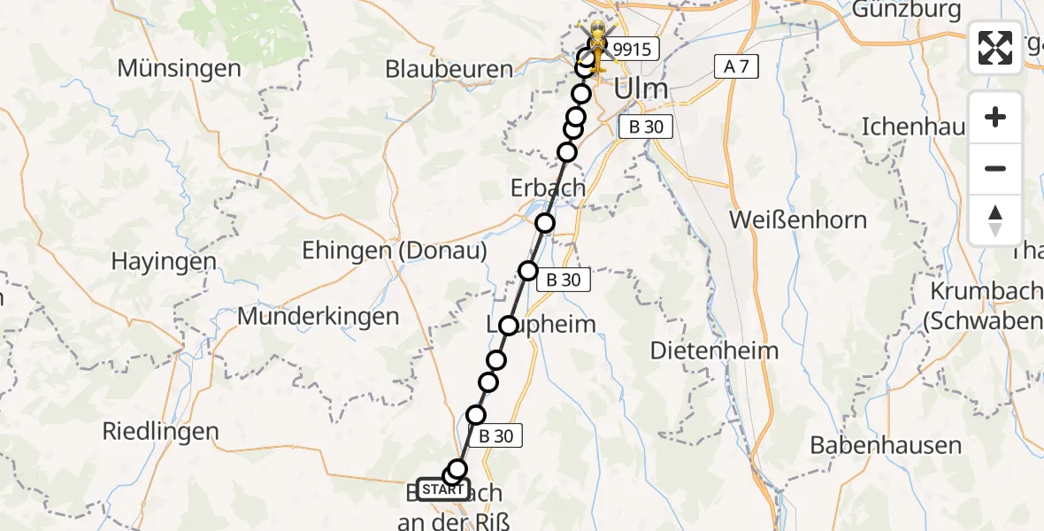 Flugroute Rettungshubschrauber Sana Clinic Biberach District Hospital Heliport - ADAC Air Rescue Station Ulm (Christoph 22), 09 Februar 2026, 14:43