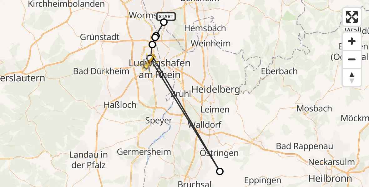 Flugroute Rettungshubschrauber Bürstadt - Ludwigshafen Accident Hospital Heliport, 09 Februar 2026, 14:46
