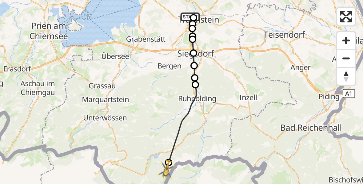 Flugroute Rettungshubschrauber Traunstein Hospital Helipad - Reit im Winkl, 09 Februar 2026, 14:47