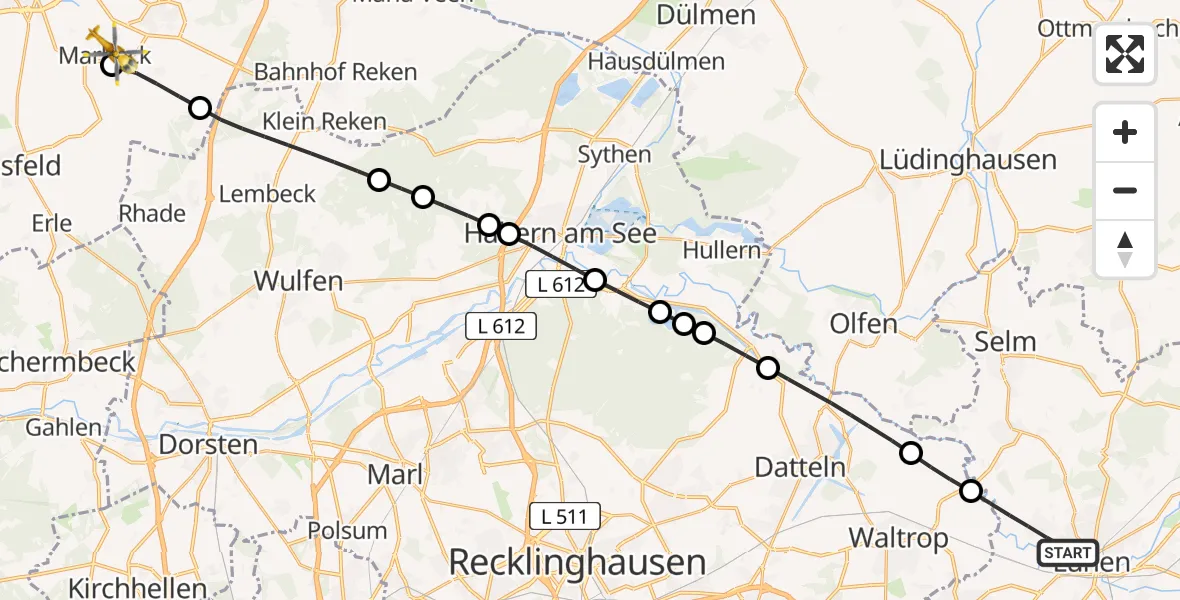 Flugroute Rettungshubschrauber Lünen - Marbeck, 09 Februar 2026, 14:51