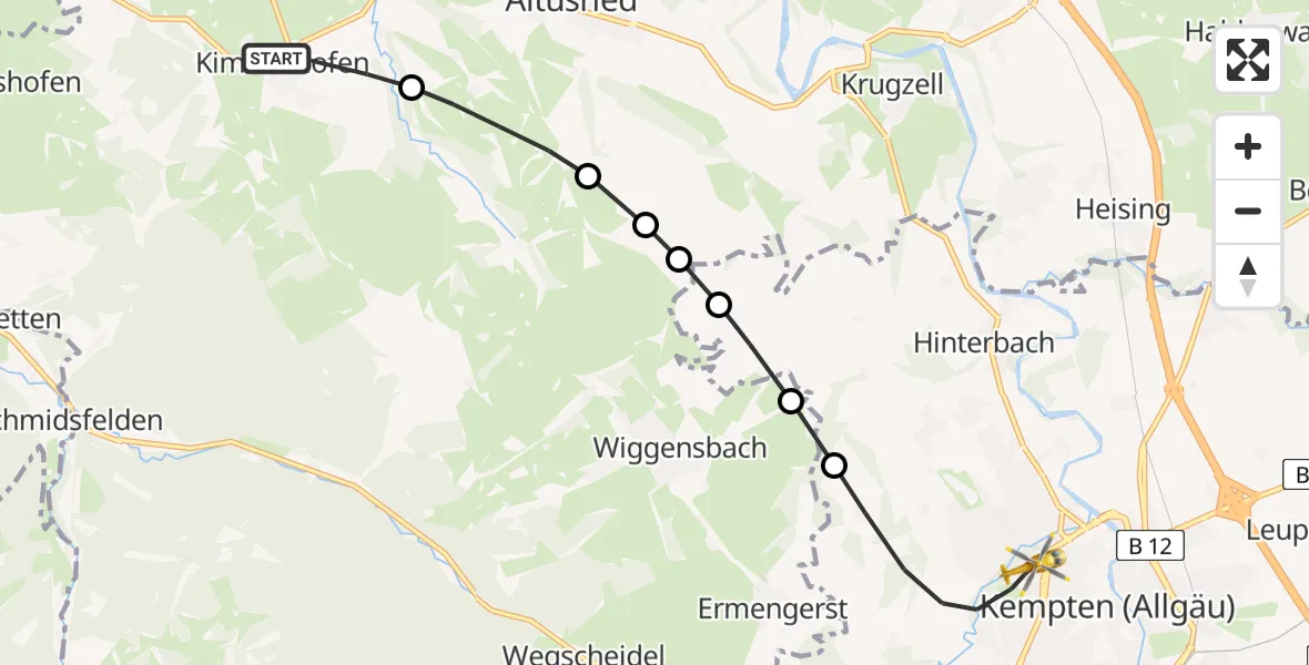 Flugroute Rettungshubschrauber Kimratshofen - Kempten (Allgäu), 09 Februar 2026, 14:54