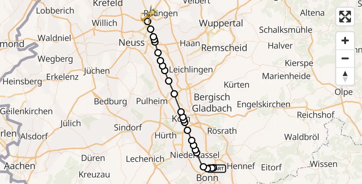Flugroute Rettungshubschrauber Sankt Augustin - Düsseldorf Airport, 09 Februar 2026, 14:54