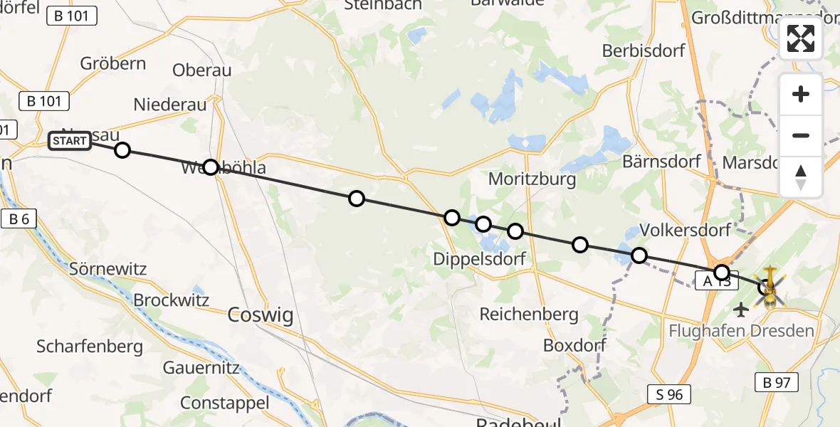 Flugroute Rettungshubschrauber Nassau - Dresden Federal Police Heliport, 09 Februar 2026, 14:59