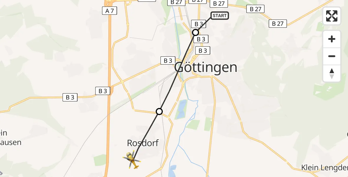 Flugroute Rettungshubschrauber Göttingen University Clinic Heliport - Rosdorf, 09 Februar 2026, 14:59