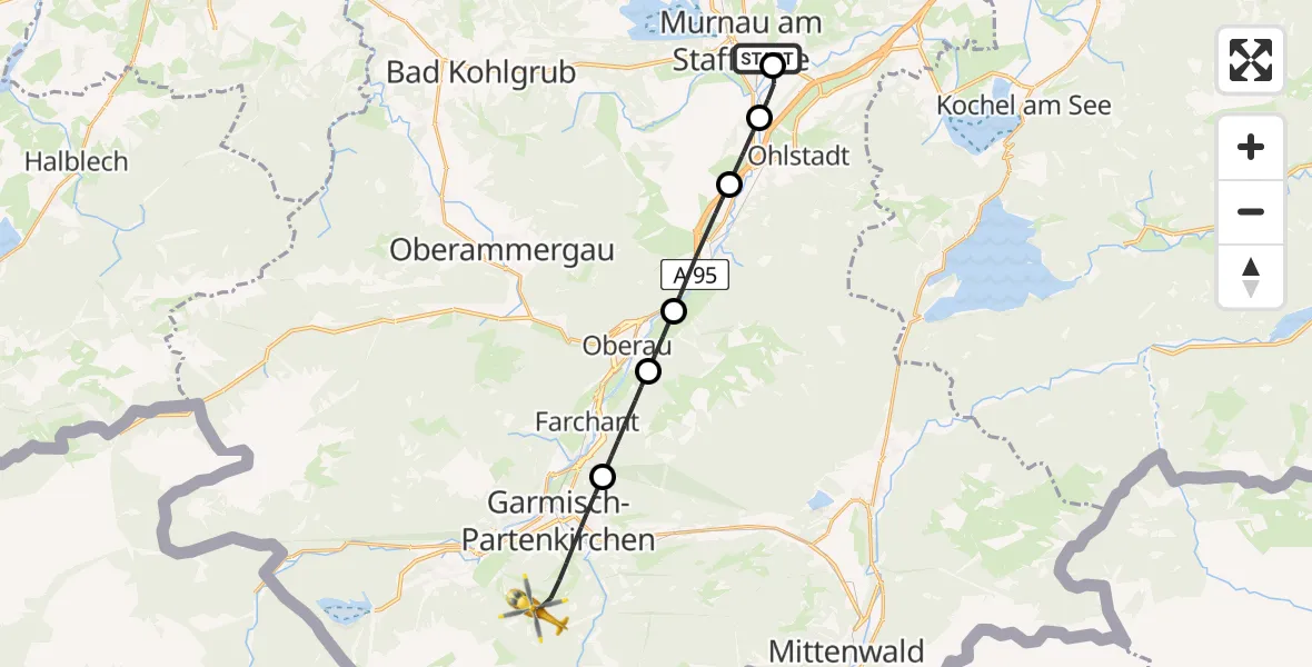 Flugroute Rettungshubschrauber Murnau Accident Hospital Heliport - Garmisch-Partenkirchen, 09 Februar 2026, 15:00