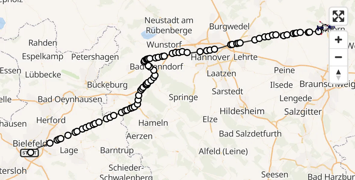 Flugroute Polizeihubschrauber Luftrettungszentrum Bielefeld - Gifhorn Federal Police Heliport, 09 Februar 2026, 15:15