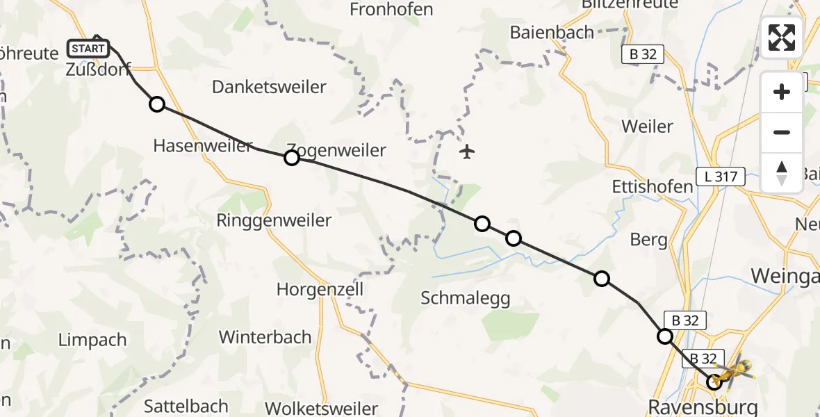Flugroute Rettungshubschrauber Wilhelmsdorf - Sankt Elisabeth Hospital Heliport, 09 Februar 2026, 15:15