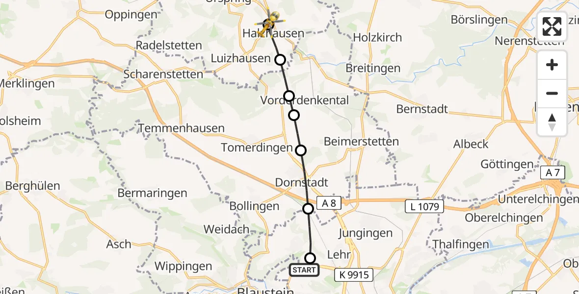 Flugroute Rettungshubschrauber ADAC Air Rescue Station Ulm (Christoph 22) - Lonsee, 09 Februar 2026, 15:16