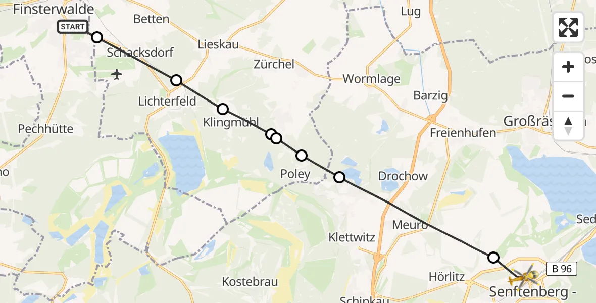 Routekaart van de vlucht: Ambulanzhubschrauber nach Senftenberg, Professor-Virchow-Straße