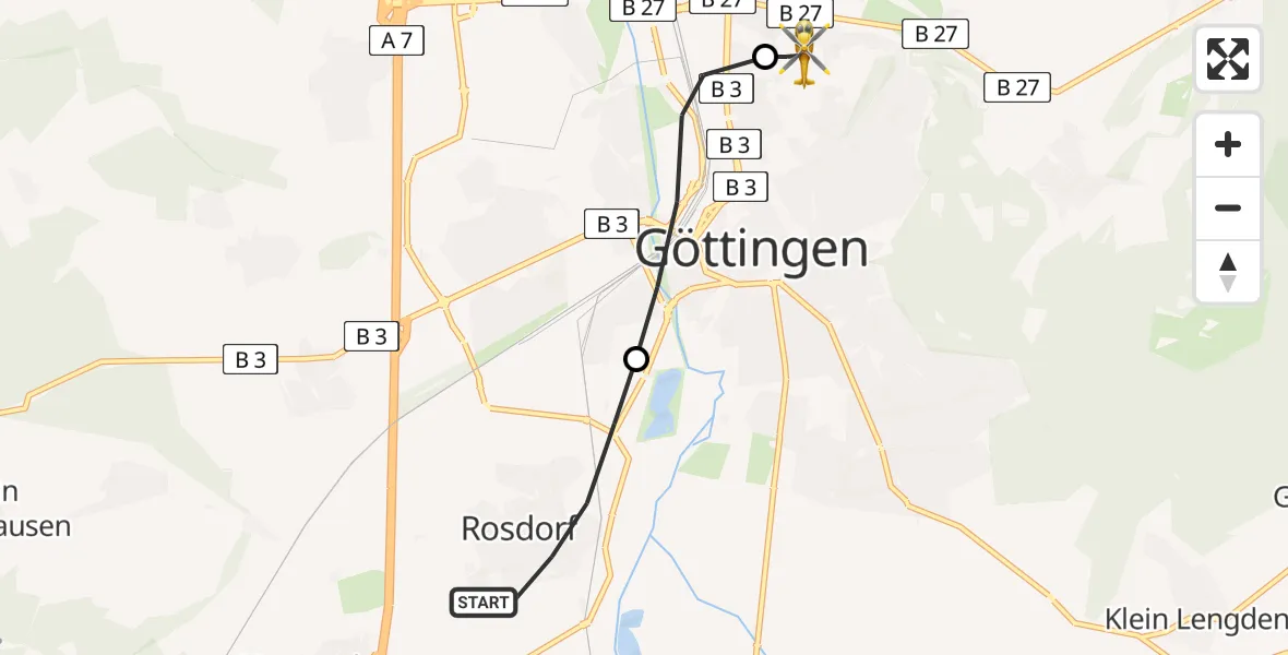 Flugroute Rettungshubschrauber Rosdorf - Göttingen University Clinic Heliport, 09 Februar 2026, 15:40