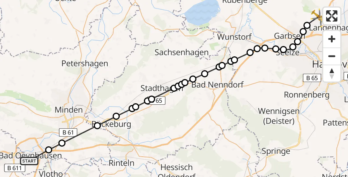 Flugroute Ambulanzhubschrauber Bad Oeynhausen - Hannover Airport, 09 Februar 2026, 15:50