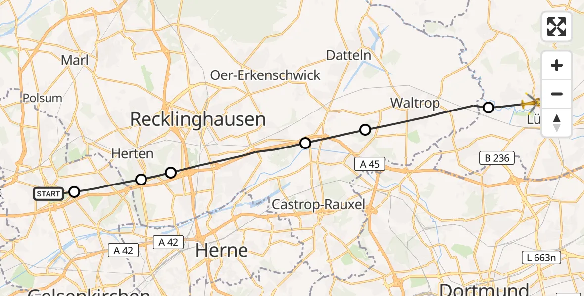 Flugroute Rettungshubschrauber Gelsenkirchen-Nord - Lünen, 09 Februar 2026, 15:53