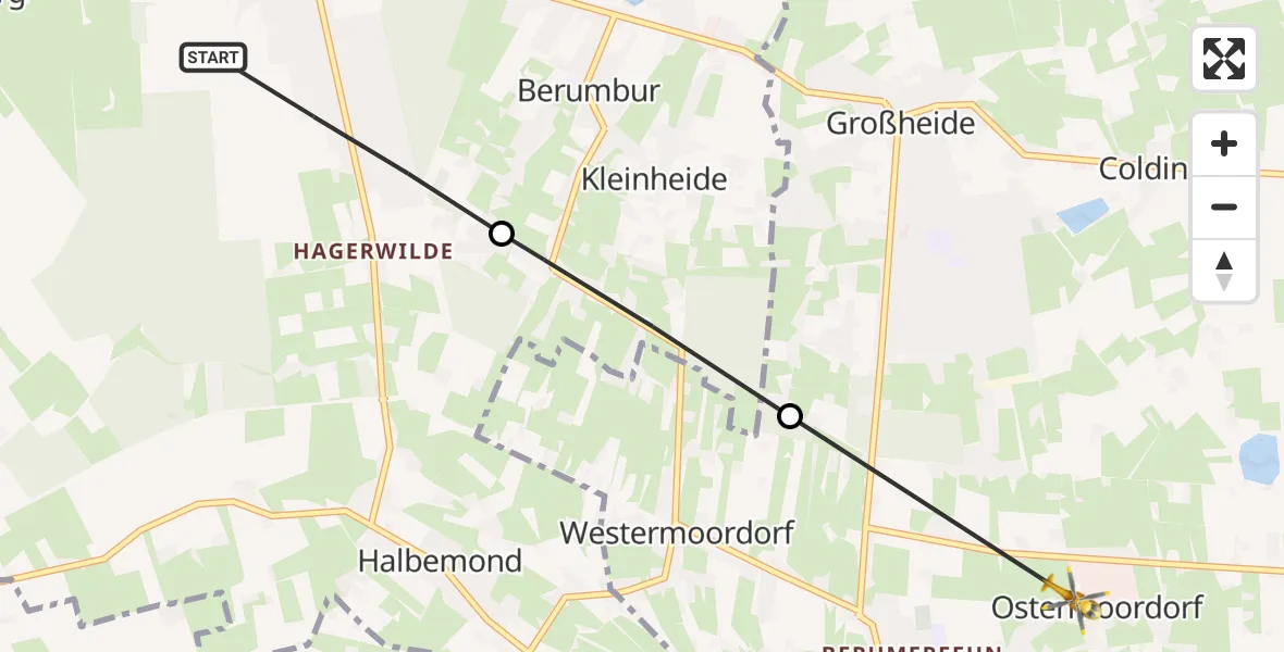 Flugroute Rettungshubschrauber Hage - Großheide, 09 Februar 2026, 15:54