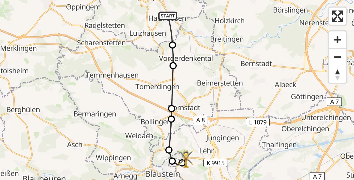Flugroute Rettungshubschrauber Halzhausen - ADAC Air Rescue Station Ulm (Christoph 22), 09 Februar 2026, 15:59