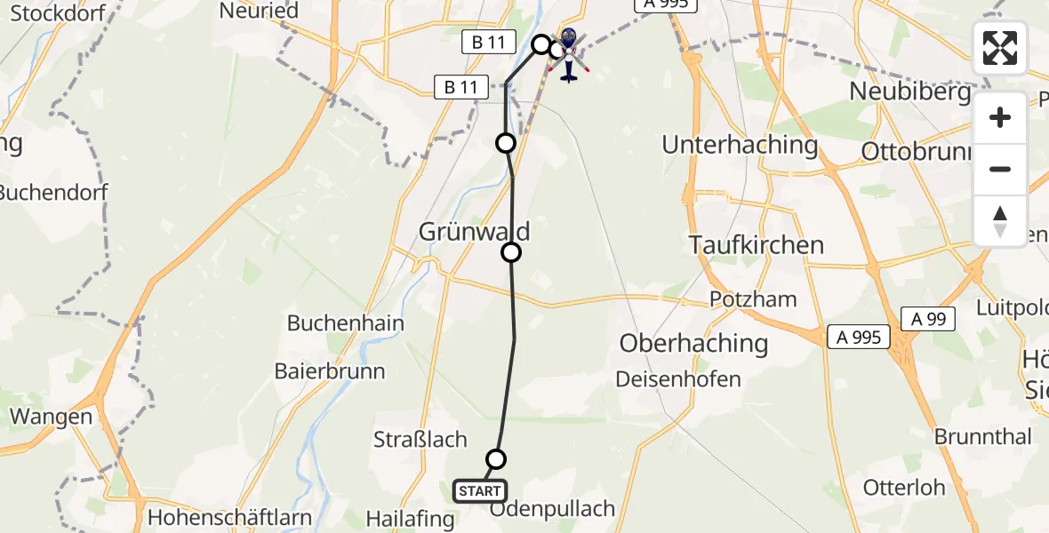 Flugroute Polizeihubschrauber Hailafing - ADAC Air Rescue Center Heliport (Christoph 1), 09 Februar 2026, 16:01