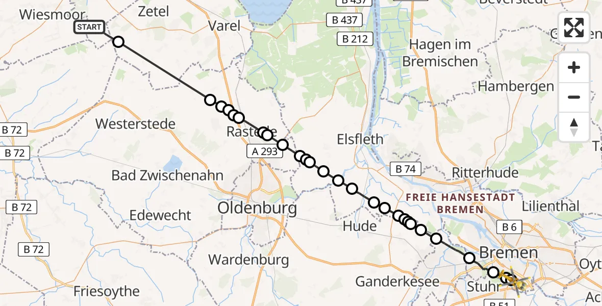 Flugroute Rettungshubschrauber Friedeburg - ADAC Air Rescue Station Bremen Heliport (Christoph 6), 09 Februar 2026, 16:06