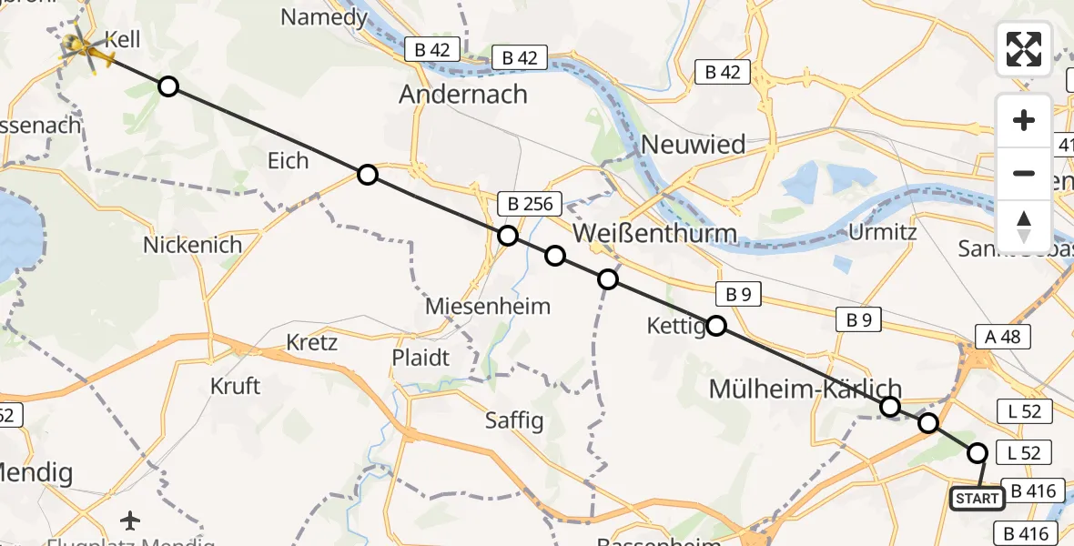 Flugroute Rettungshubschrauber Koblenz - Kell, 09 Februar 2026, 16:07