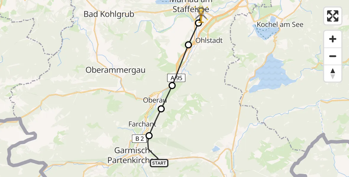 Flugroute Rettungshubschrauber Garmisch-Partenkirchen - Hechendorf, 09 Februar 2026, 16:08