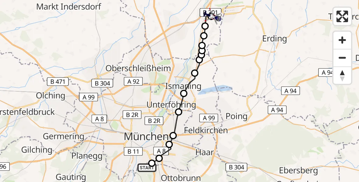 Routekaart van de vlucht: Polizeihubschrauber nach Hallbergmoos, Wartungsallee