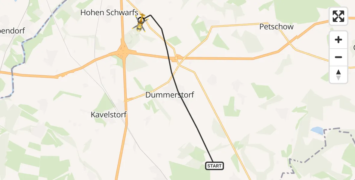 Flugroute Ambulanzhubschrauber Dummerstorf - Hohen Schwarfs, 09 Februar 2026, 16:24