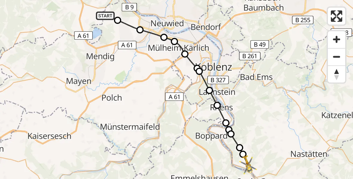 Flugroute Rettungshubschrauber Kell - Wellmich, 09 Februar 2026, 16:37