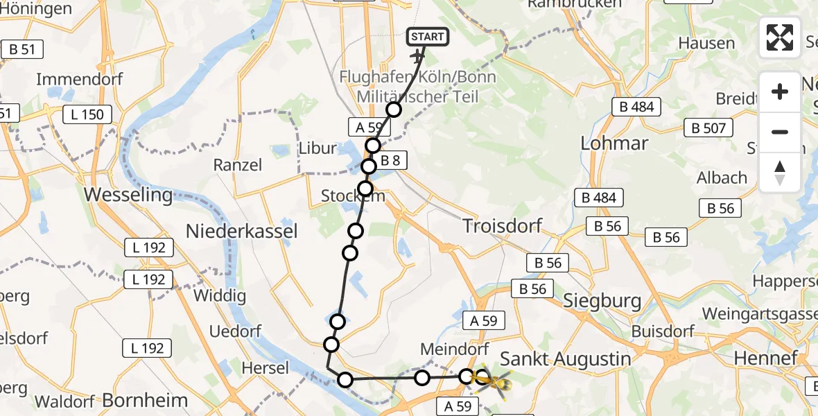 Flugroute Rettungshubschrauber Cologne Bonn Airport - Sankt Augustin, 09 Februar 2026, 16:52