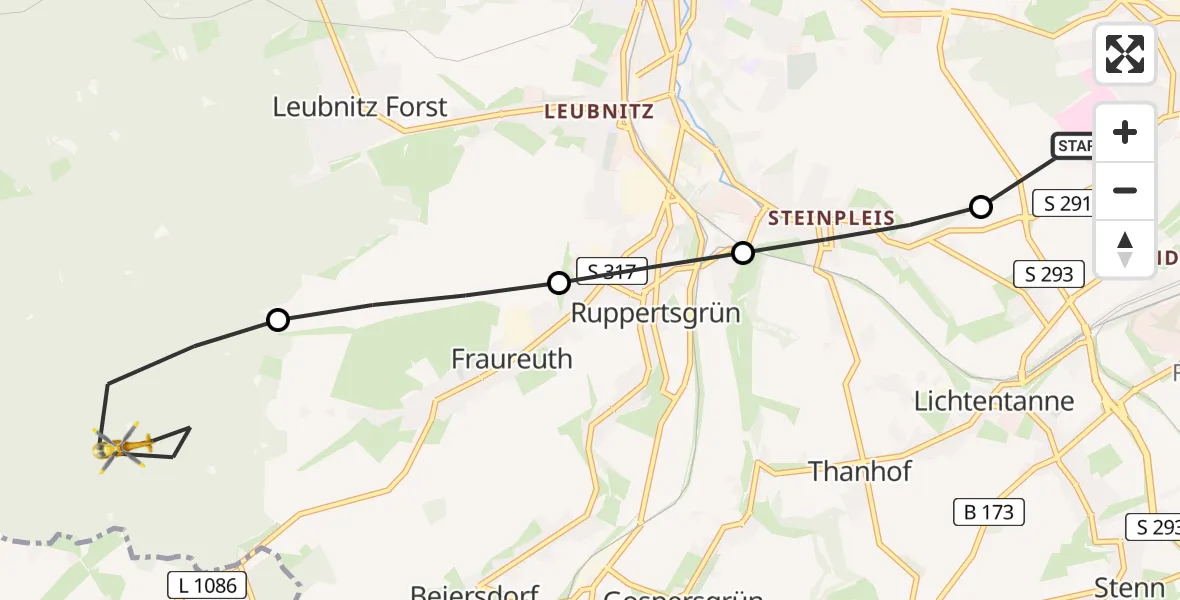Flugroute Rettungshubschrauber ADAC Air Rescue Station Zwickau Heliport - Werdau, 09 Februar 2026, 16:53