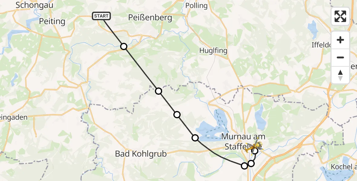 Routekaart van de vlucht: Rettungshubschrauber nach Murnau Accident Hospital Heliport