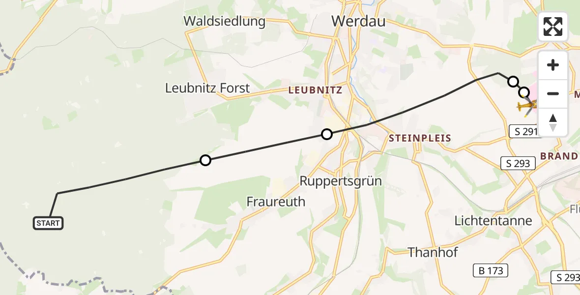 Flugroute Rettungshubschrauber Werdau - ADAC Air Rescue Station Zwickau Heliport, 09 Februar 2026, 17:09