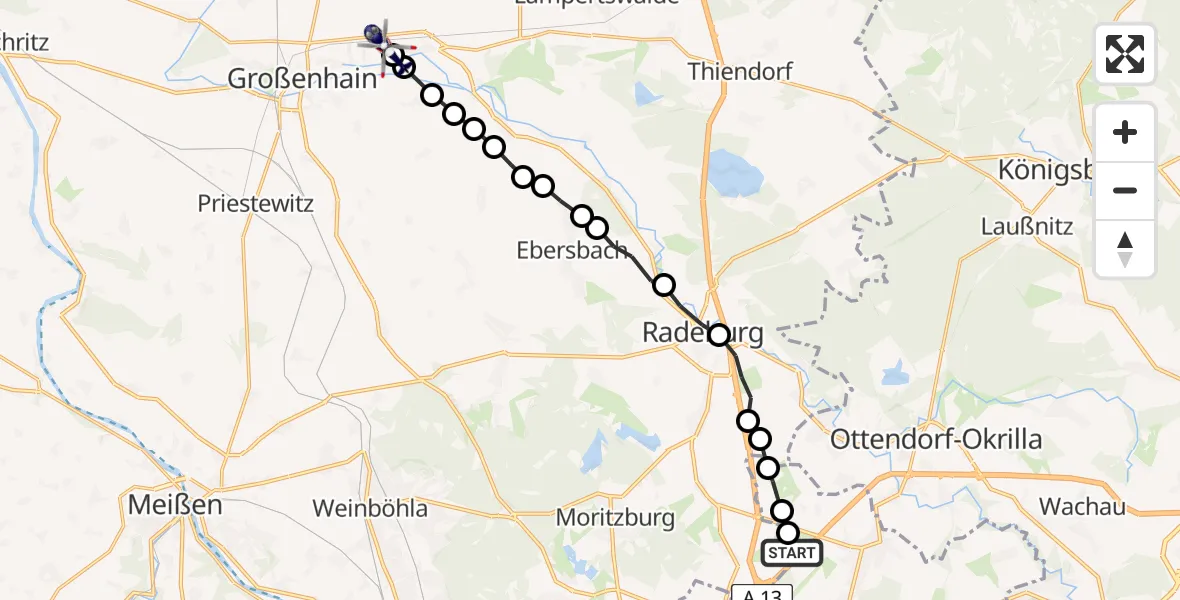Flugroute Polizeihubschrauber Volkersdorf - Großenhain, 09 Februar 2026, 17:12
