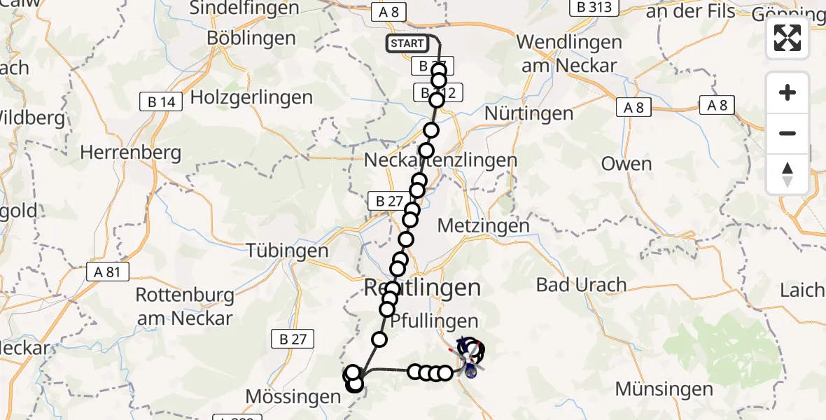 Flugroute Polizeihubschrauber Stuttgart Airport - Unterhausen, 09 Februar 2026, 17:19