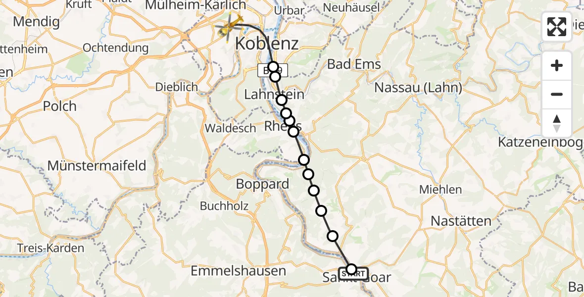 Flugroute Rettungshubschrauber Biebernheim - Koblenz, 09 Februar 2026, 17:32