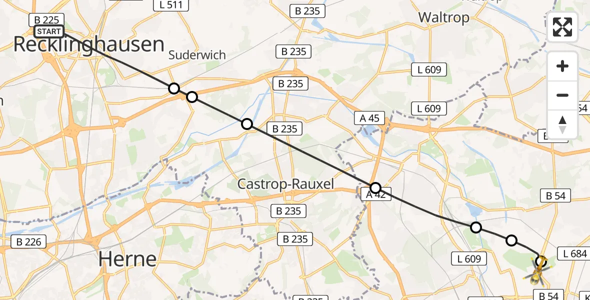 Flugroute Ambulanzhubschrauber Recklinghausen - Dortmund Hospital North Heliport, 09 Februar 2026, 17:52