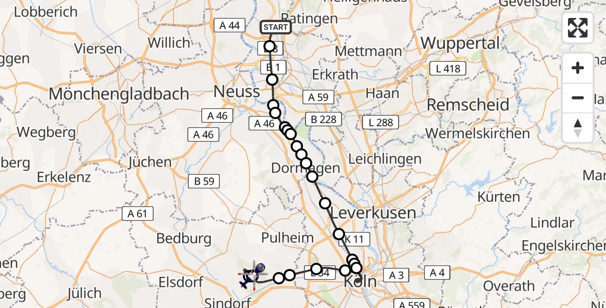 Flugroute Polizeihubschrauber Düsseldorf Airport - Königsdorf, 09 Februar 2026, 18:01