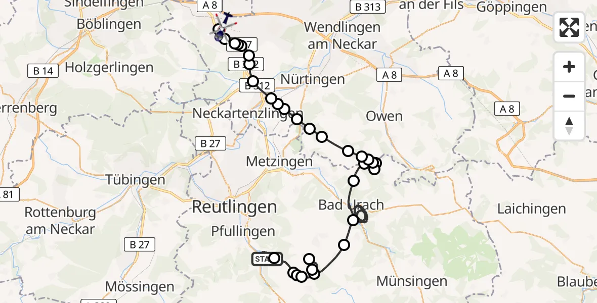 Flugroute Polizeihubschrauber Unterhausen - Stuttgart Airport, 09 Februar 2026, 18:04