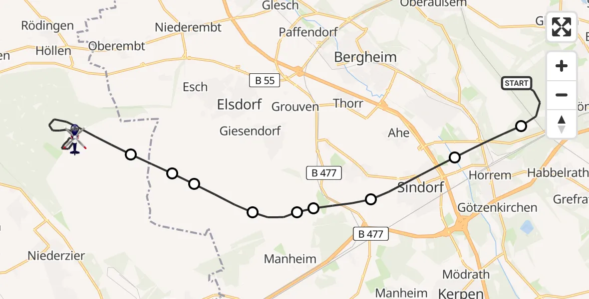 Flugroute Polizeihubschrauber Königsdorf - Niederzier, 09 Februar 2026, 18:32