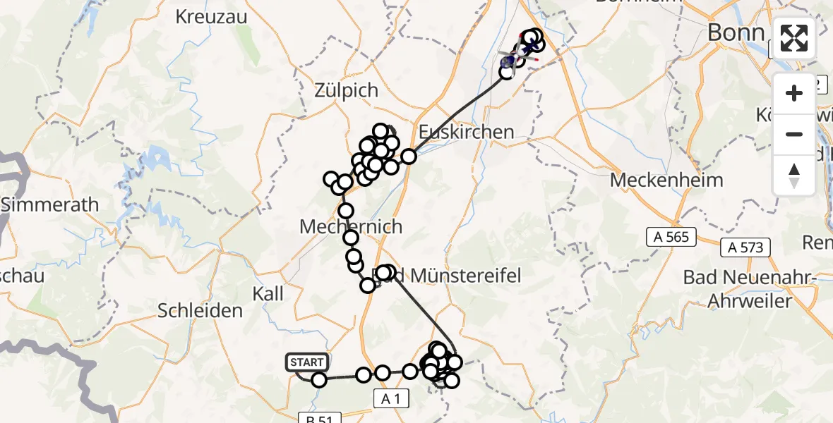 Flugroute Polizeihubschrauber Marmagen - Weilerswist UL, 09 Februar 2026, 18:48