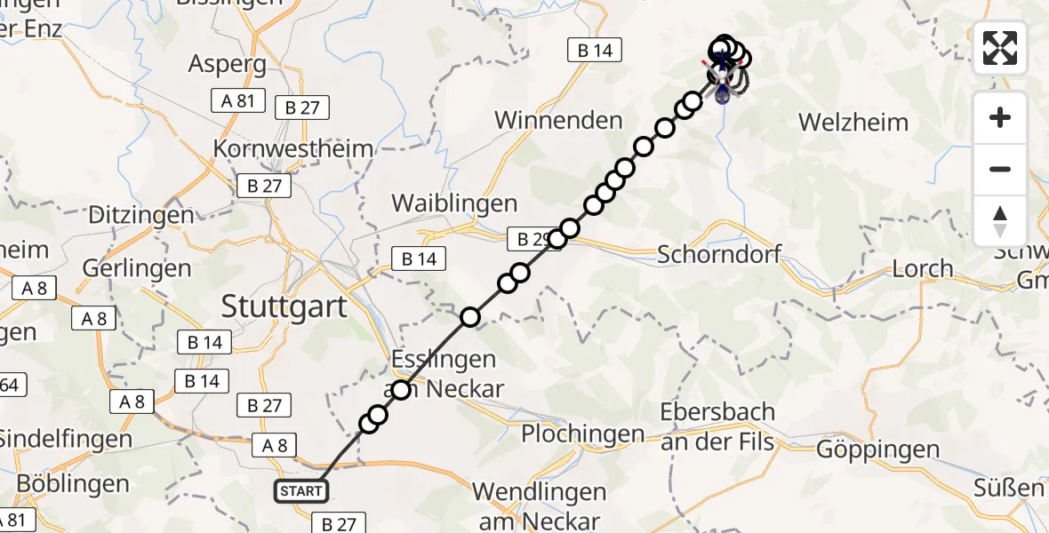 Flugroute Polizeihubschrauber Stuttgart Airport - Oberndorf, 09 Februar 2026, 19:31