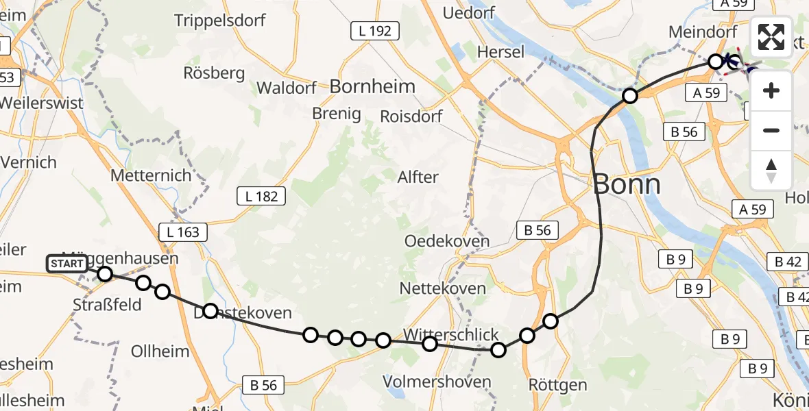 Flugroute Polizeihubschrauber Weilerswist - Sankt Augustin, 09 Februar 2026, 19:58