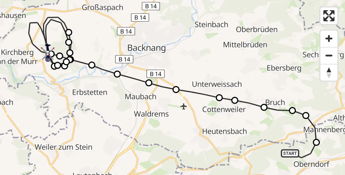 Flugroute Polizeihubschrauber Oberndorf - Kirchberg an der Murr, 09 Februar 2026, 20:06