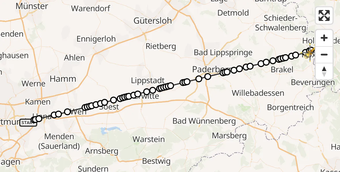 Flugroute Ambulanzhubschrauber Dortmund Airport - Höxter, 09 Februar 2026, 22:59