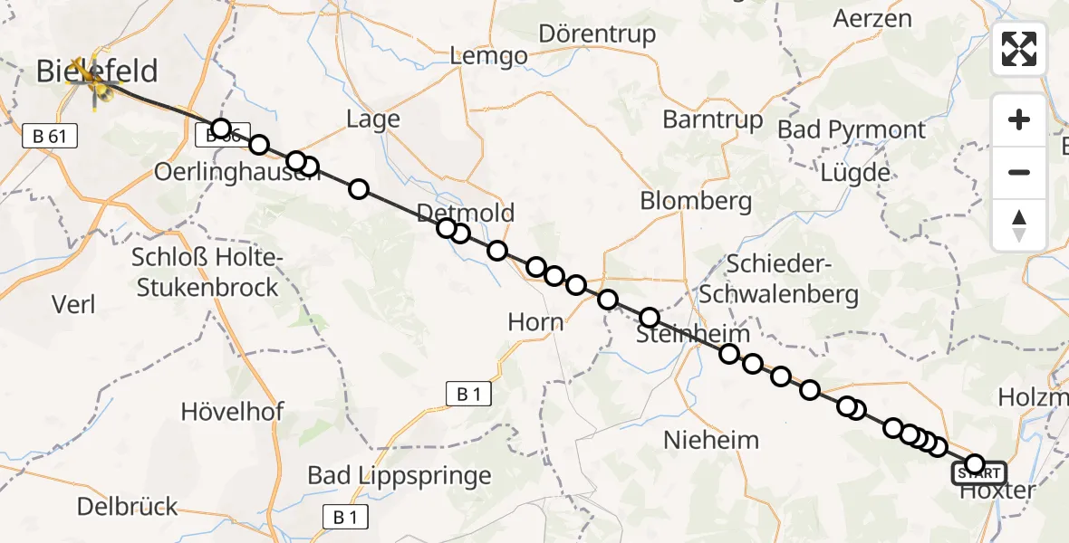 Flugroute Ambulanzhubschrauber Höxter - Bielefeld, 10 Februar 2026, 00:10