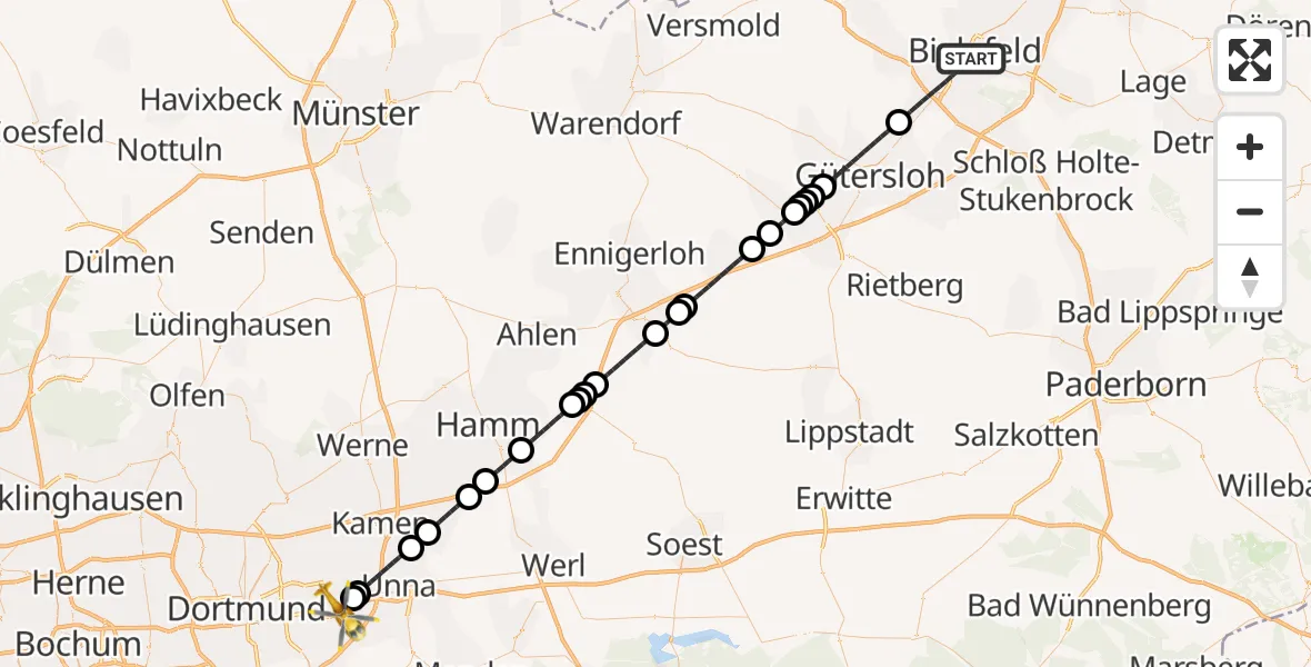 Flugroute Ambulanzhubschrauber Bielefeld - Dortmund Airport, 10 Februar 2026, 01:05