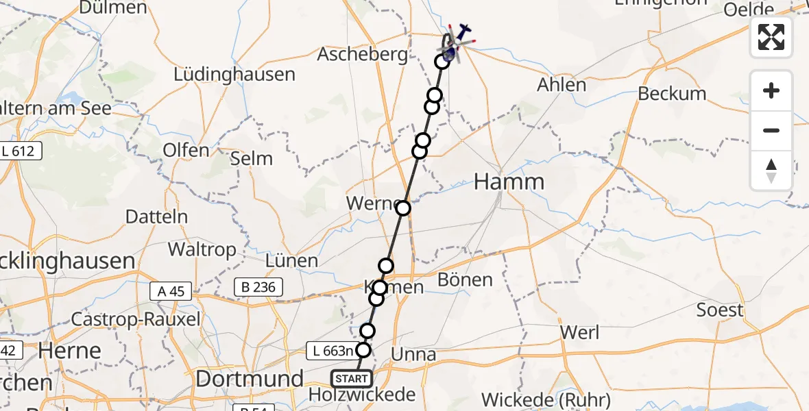 Flugroute Polizeihubschrauber Dortmund Airport - Drensteinfurt, 10 Februar 2026, 03:15