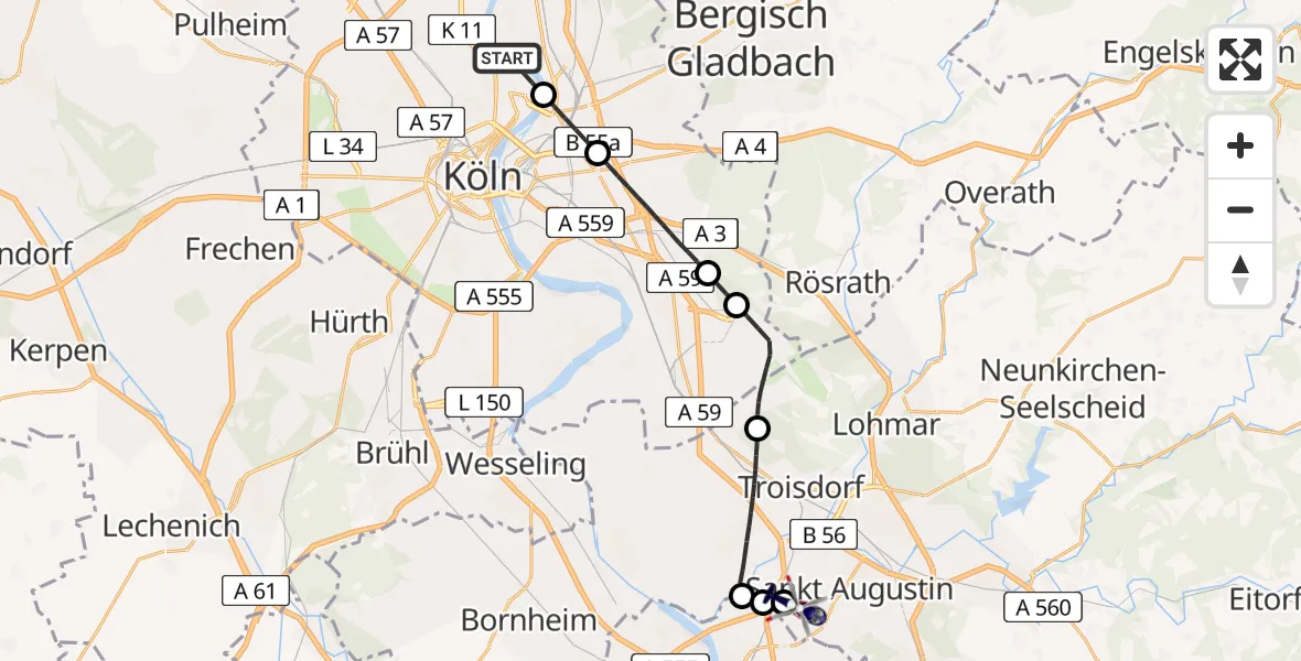 Flugroute Polizeihubschrauber Nippes - Sankt Augustin, 10 Februar 2026, 04:03