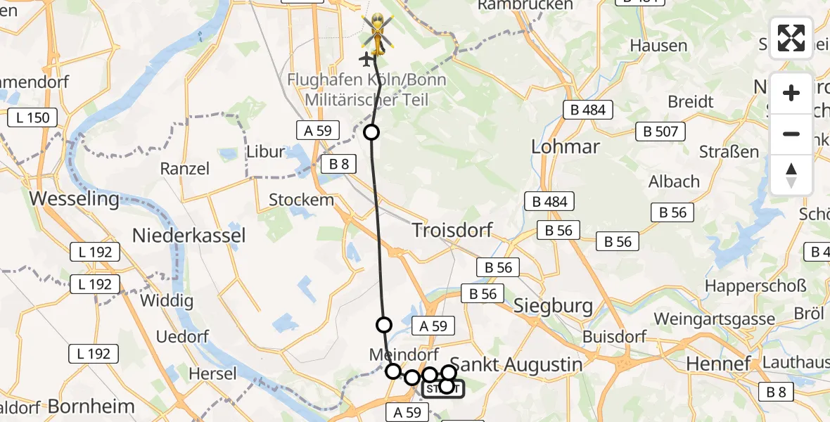Flugroute Rettungshubschrauber Sankt Augustin - Cologne Bonn Airport, 10 Februar 2026, 06:40